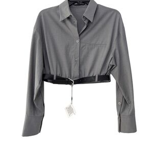 NWT Zara Belted Crop Shirt Top Grey Button Down Gray Collared Long Sleeve Small